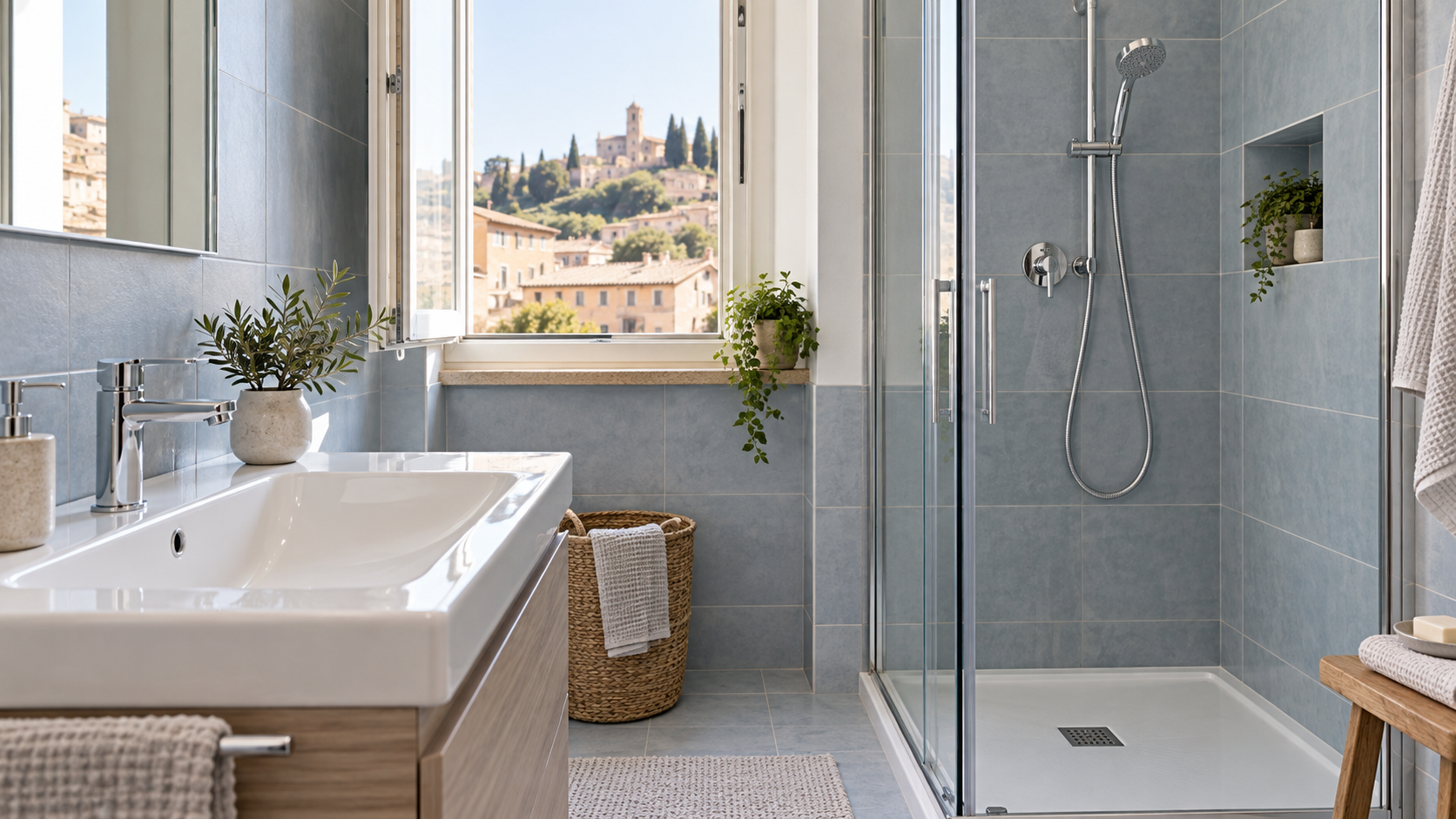 Lavabo e doccia nello stesso bagno, con rubinetteria cromata e superfici chiare
